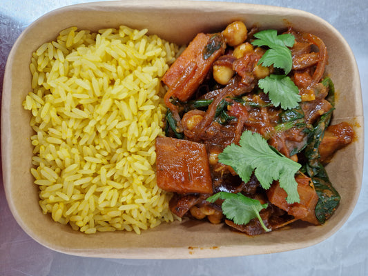 Chickpea + Sweet Potato Curry with Rice (Vegan)